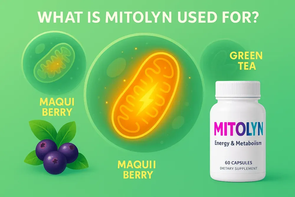 What is Mitolyn used for – illustration showing glowing mitochondria, Mitolyn supplement bottle, maqui berry, and green tea f