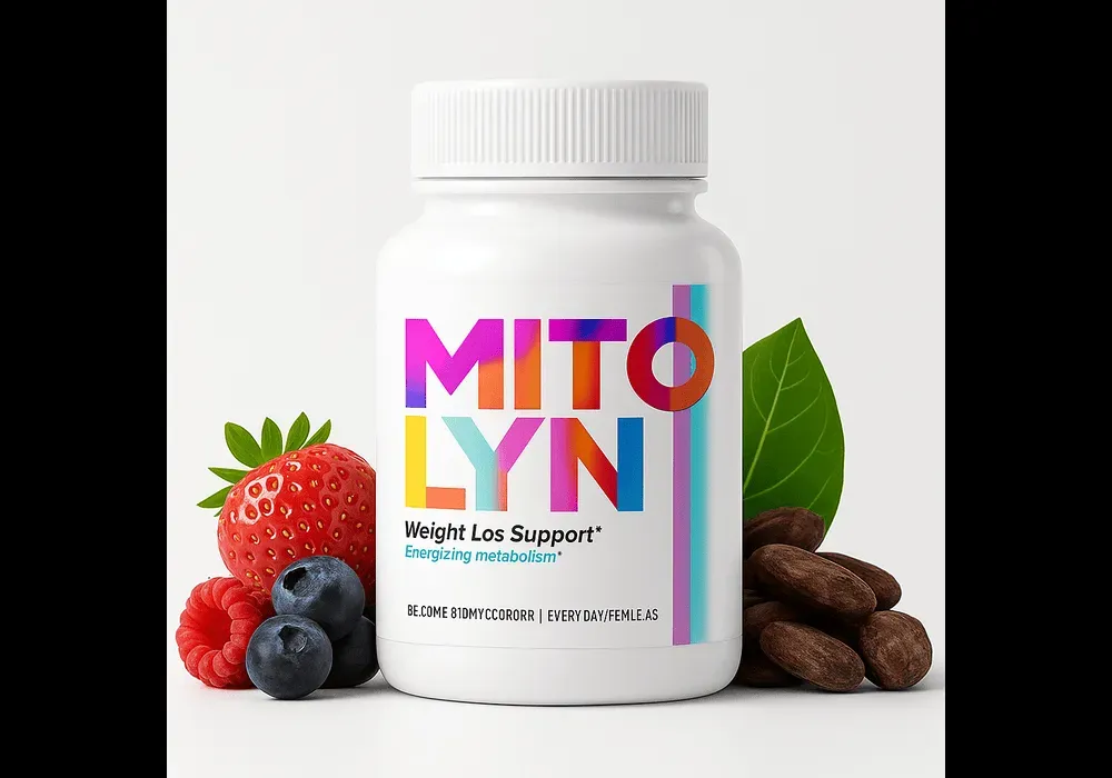 Mitolyn supplement bottle with blueberries, raspberries, cocoa beans, and green leaves representing natural weight loss and e