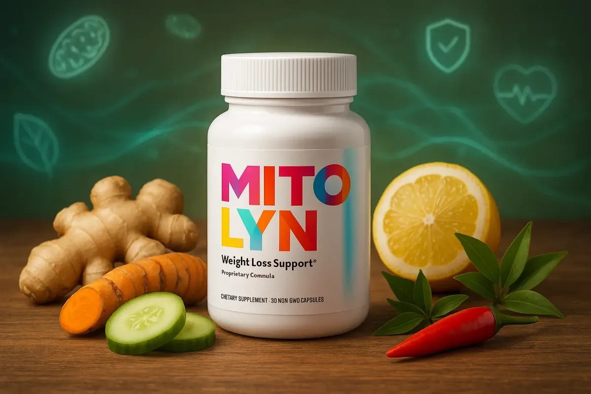 Mitolyn supplement bottle with turmeric, ginger, lemon, cucumber, and green tea