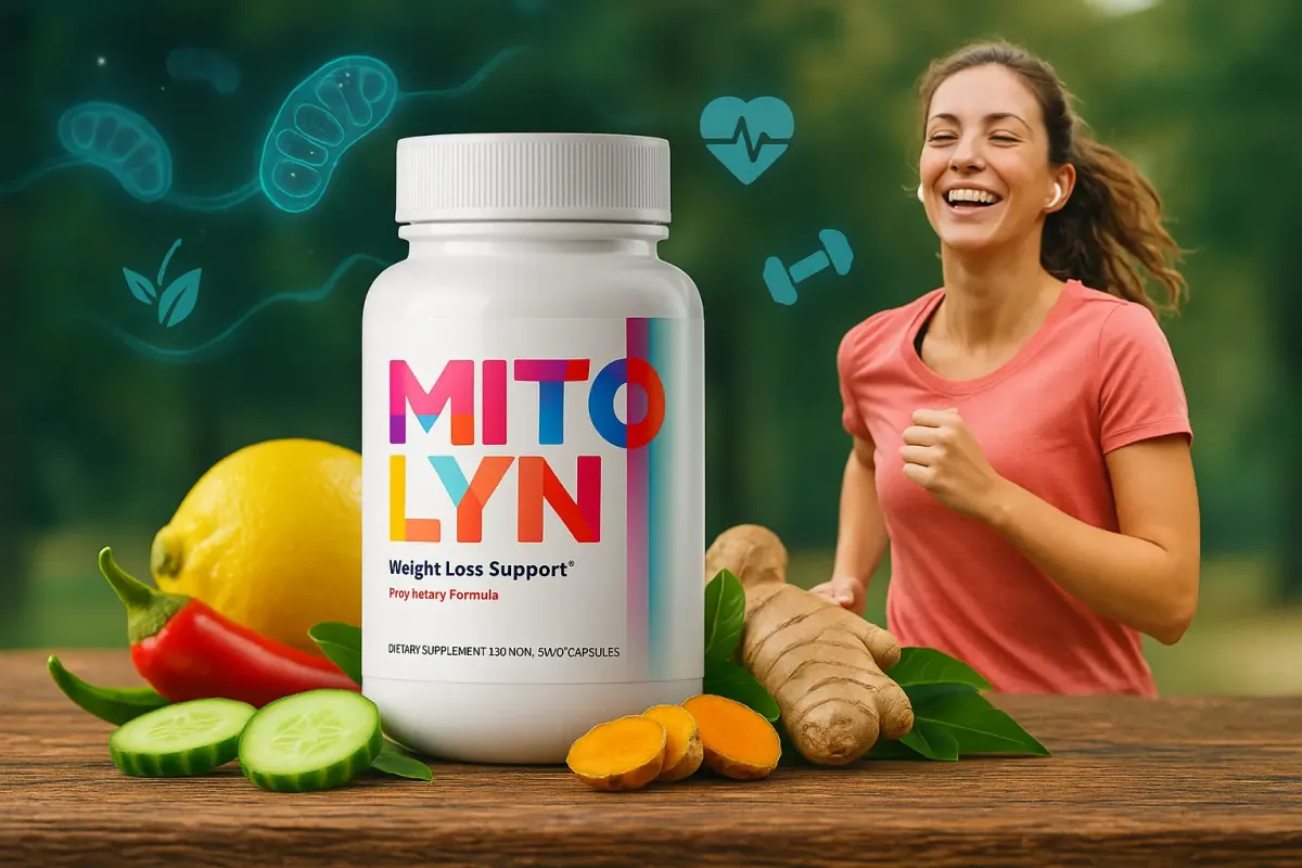 Mitolyn supplement bottle with natural herbs and joyful workout lifestyle visuals