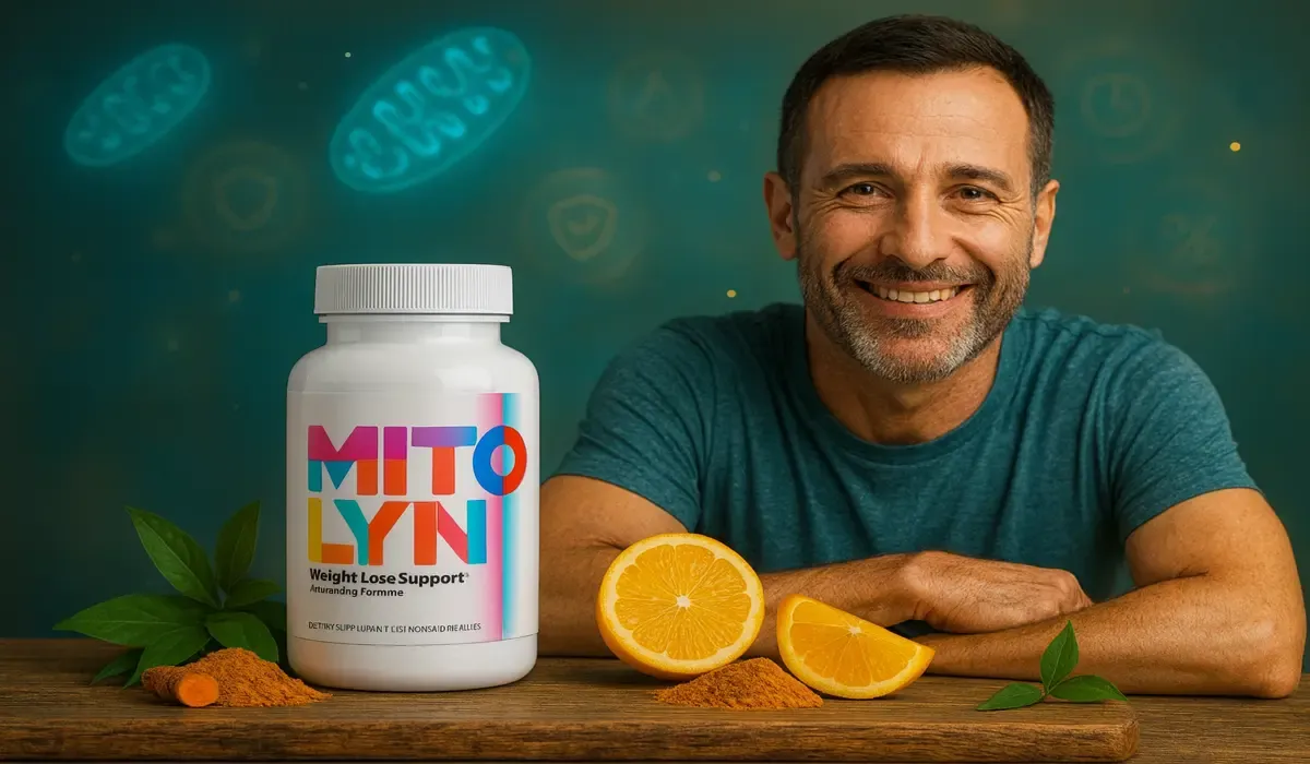 Mitolyn supplement bottle with turmeric, citrus, and glowing mitochondria visuals