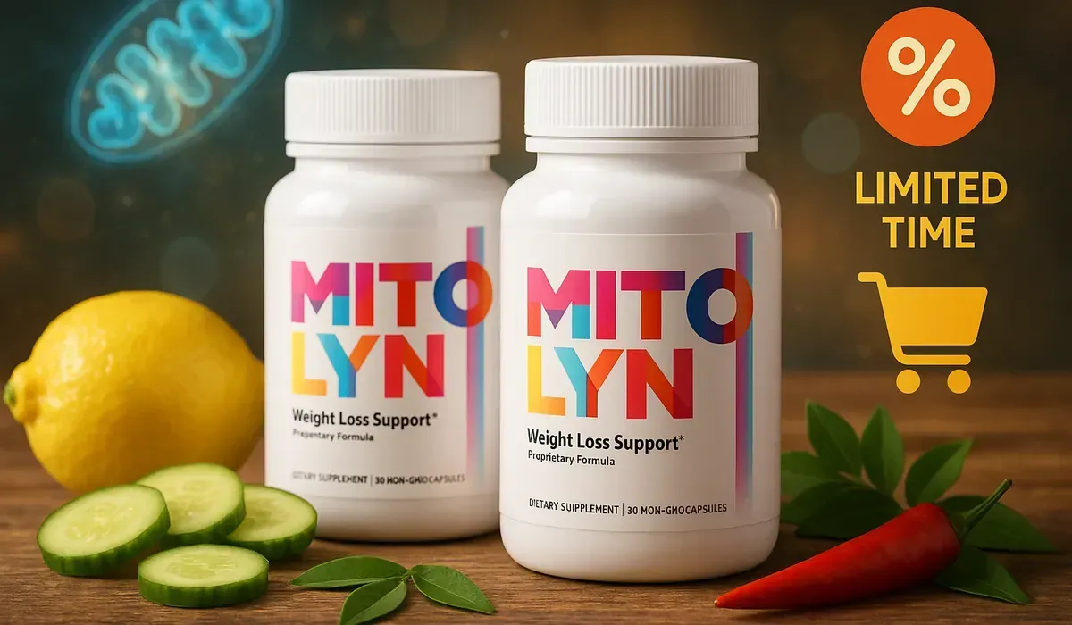 Two Mitolyn bottles with fresh ingredients, discount icons, and shopping cart