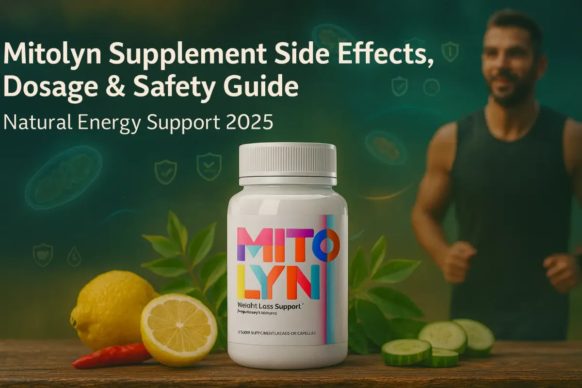 Mitolyn supplement bottle with natural ingredients and safety visuals in background