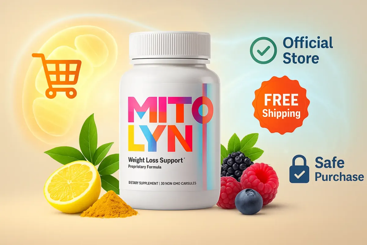 Mitolyn supplement bottle with natural ingredients and free shipping badge from official store