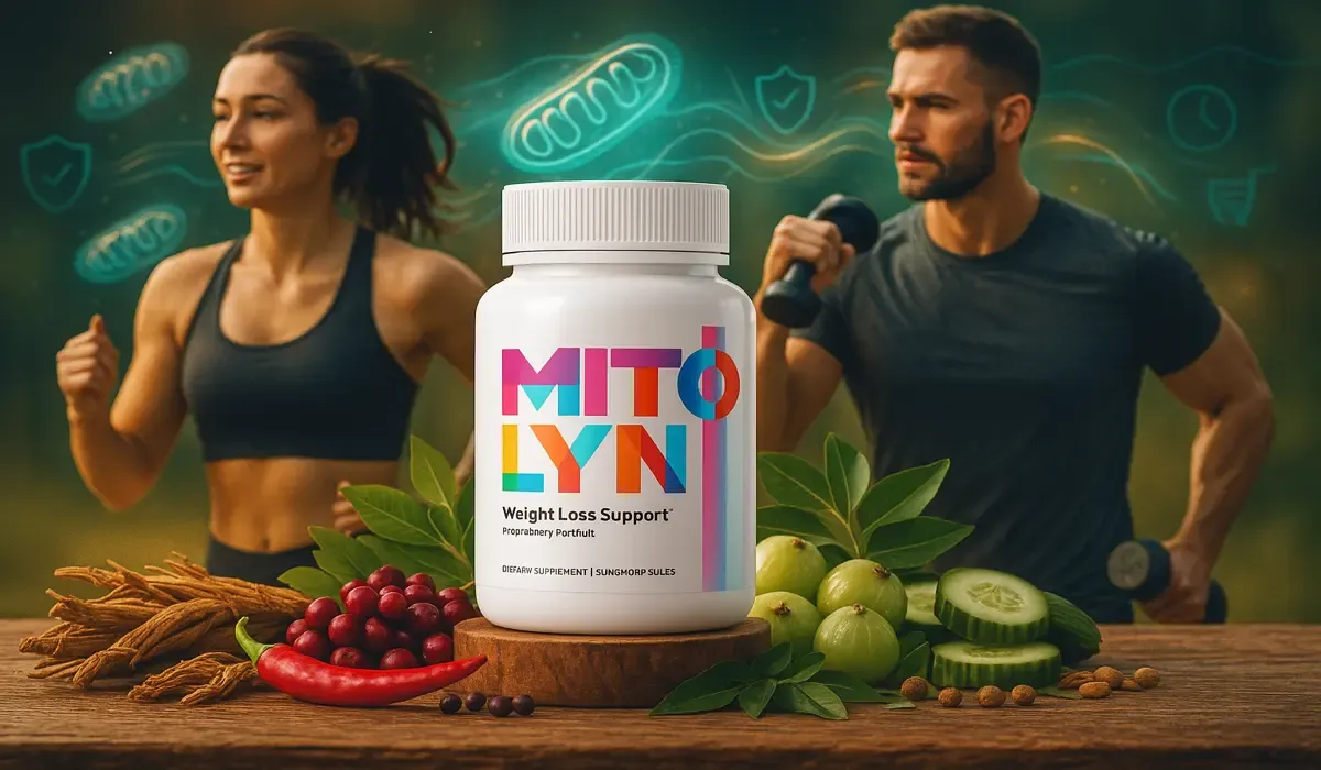 Mitolyn supplement bottle with fresh ingredients and athletes exercising for energy and performance