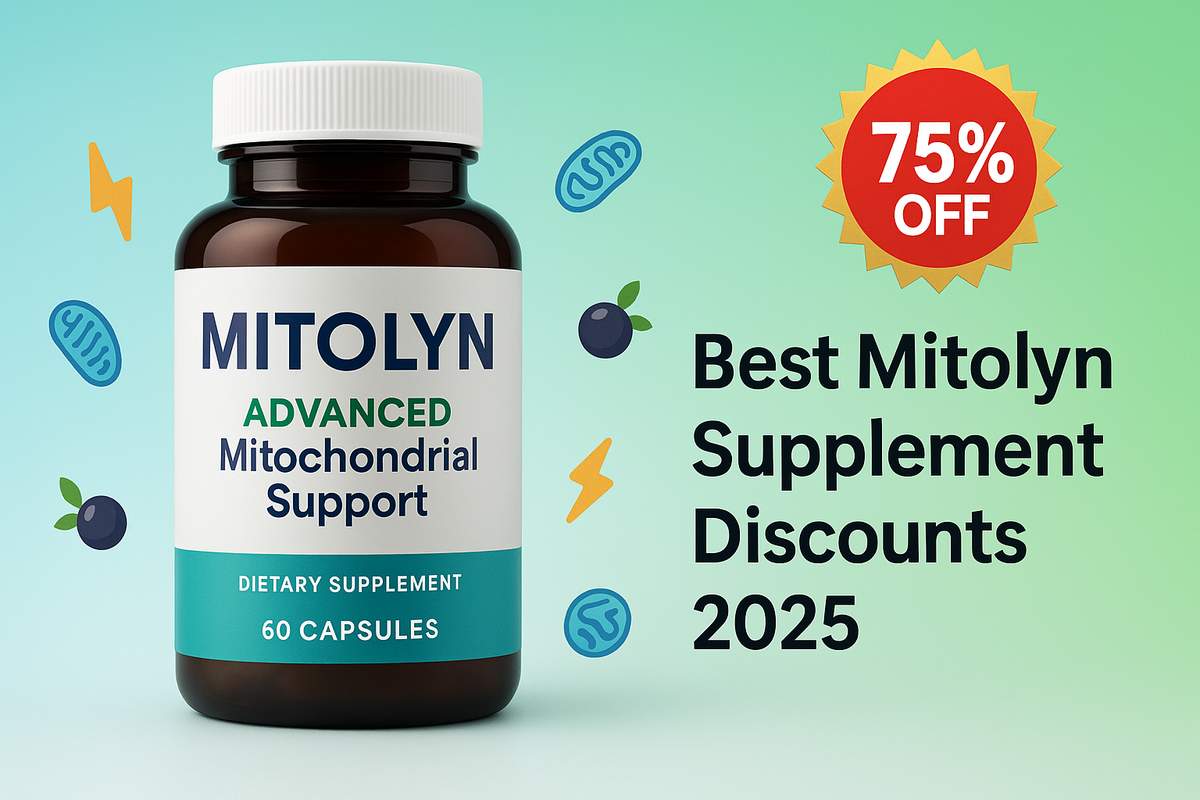 Mitolyn supplement bottle with 75% off discount badge for best Mitolyn supplement discounts and coupon codes 2025