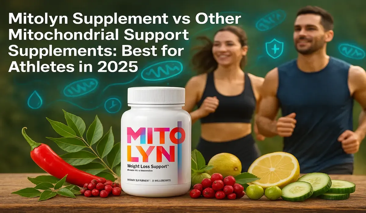 : Mitolyn bottle with natural ingredients and athletes exercising for energy and safety