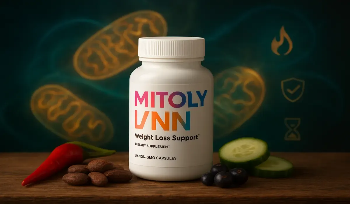 Mitolyn supplement bottle with glowing mitochondria visuals symbolizing fat loss power