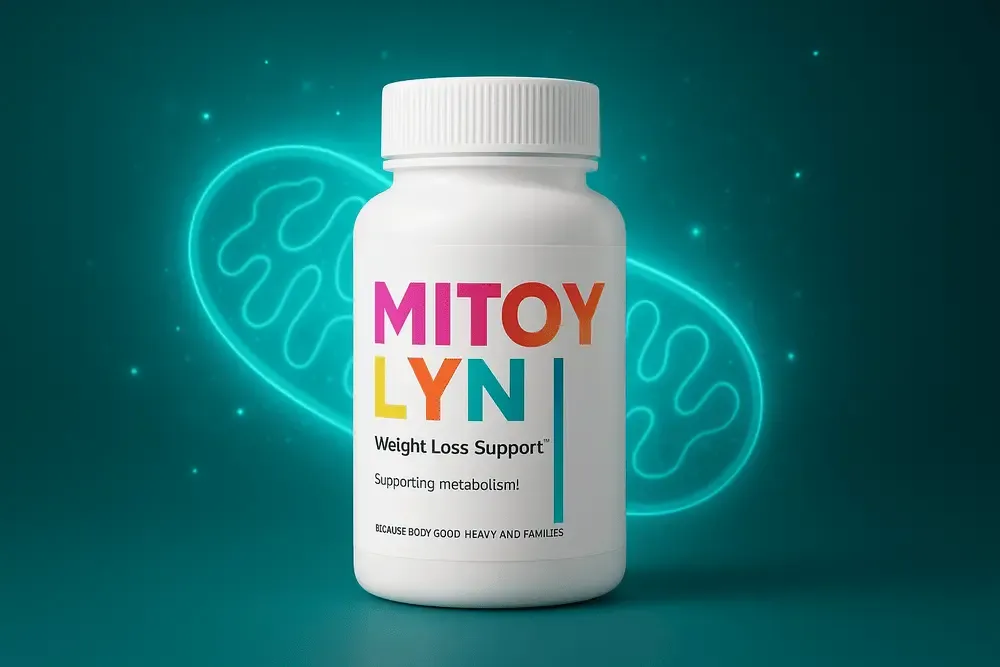 Mitolyn supplement bottle with glowing mitochondria background for weight loss and energy
