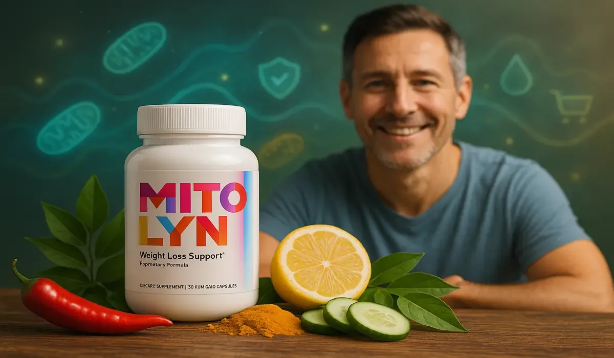 Mitolyn supplement bottle with chili, lemon, curry leaves, cucumber and smiling man