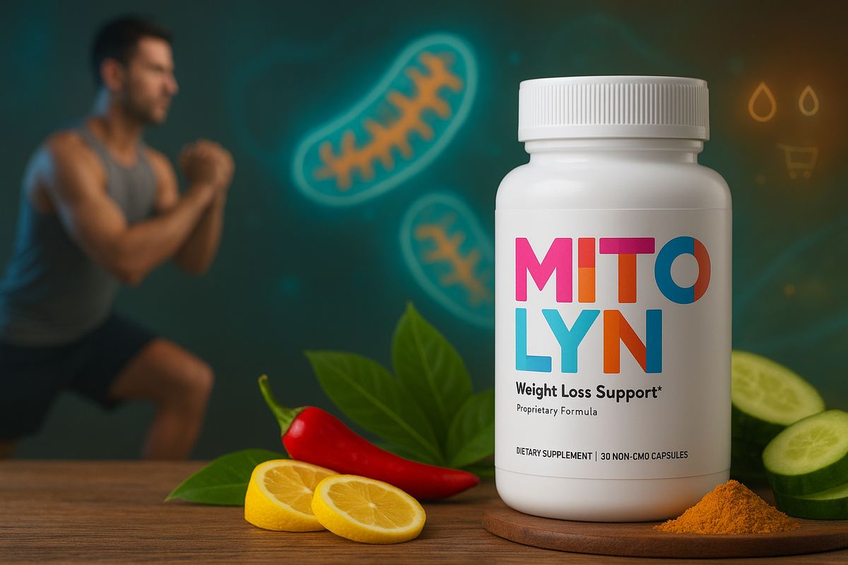 Mitolyn supplement bottle with lemon, chili, cucumber, and mitochondria energy visuals.