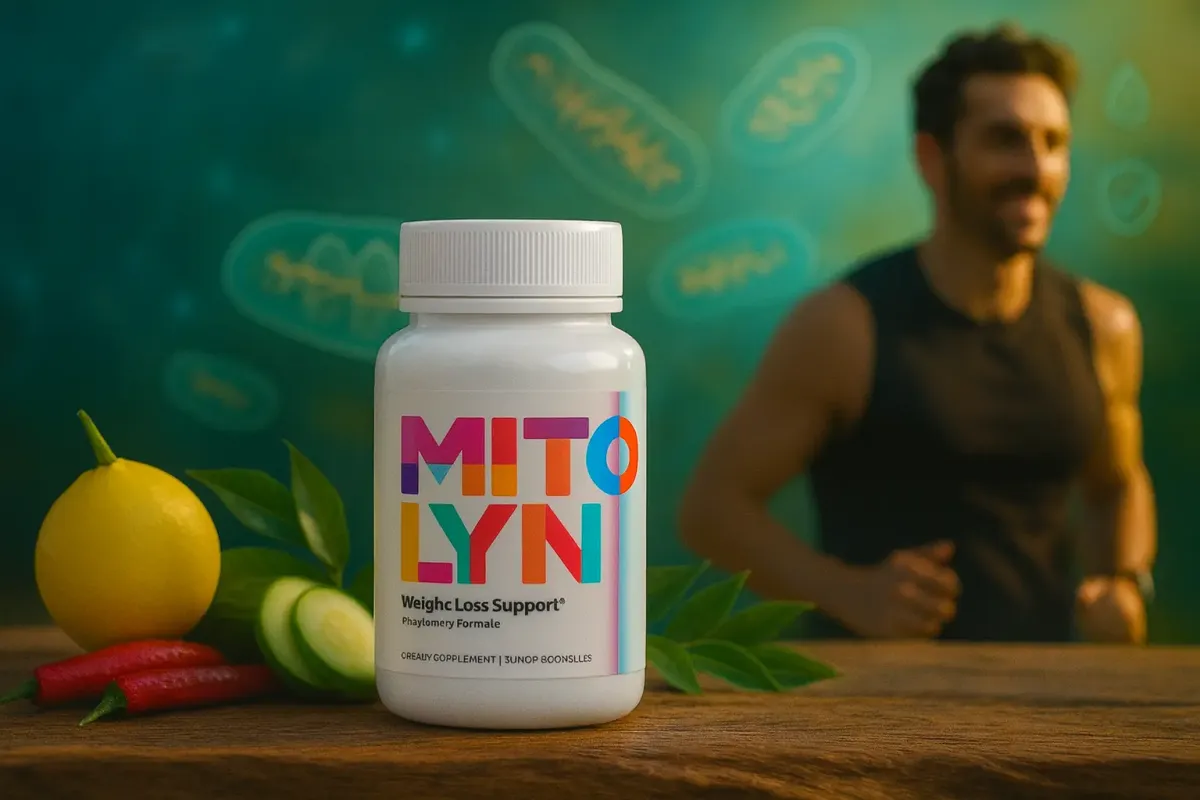 Mitolyn bottle on rustic table with lemon, chili, cucumber and mitochondria visuals