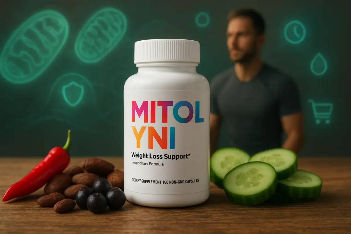 Mitolyn supplement bottle with natural weight loss ingredients on rustic table
