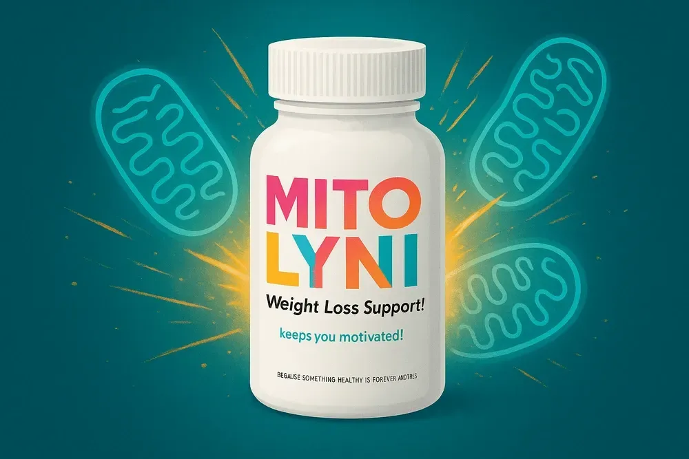 Mitolyn supplement bottle glowing with mitochondria energy for weight loss