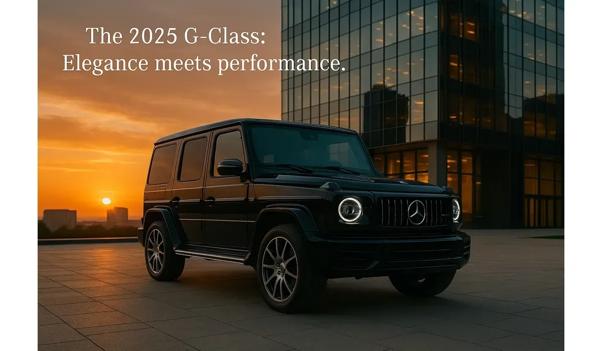 2025 Mercedes Benz G Class for sale parked in front of skyscraper at sunset.