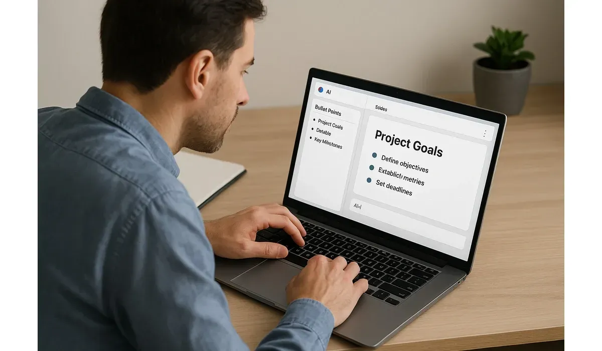 Person working on AI presentation tool that converts bullet points into slides