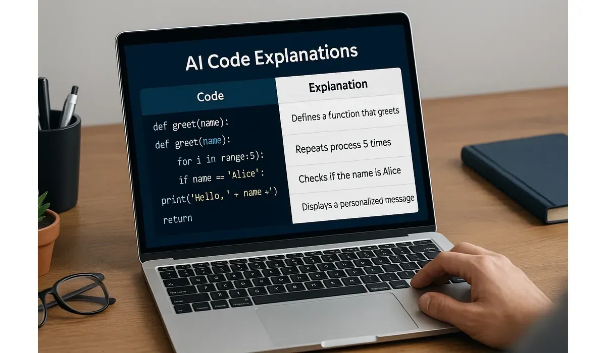 AI tool generating simple code explanations for non-developers on a laptop.
