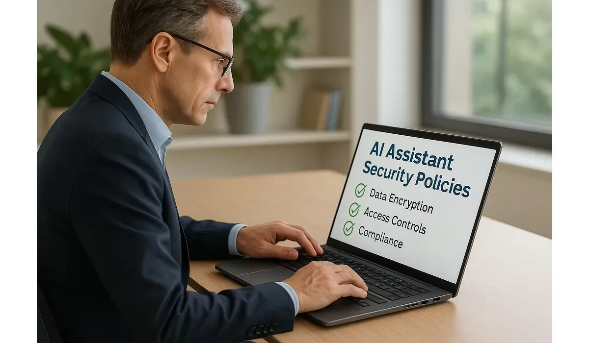 Business team using AI assistants sensitive company data with data privacy alerts visible.