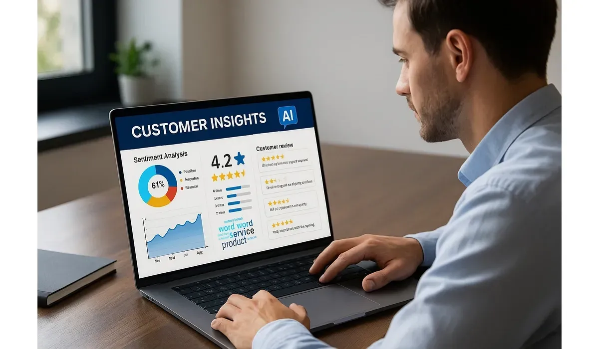 Business professional using AI tool for customer reviews