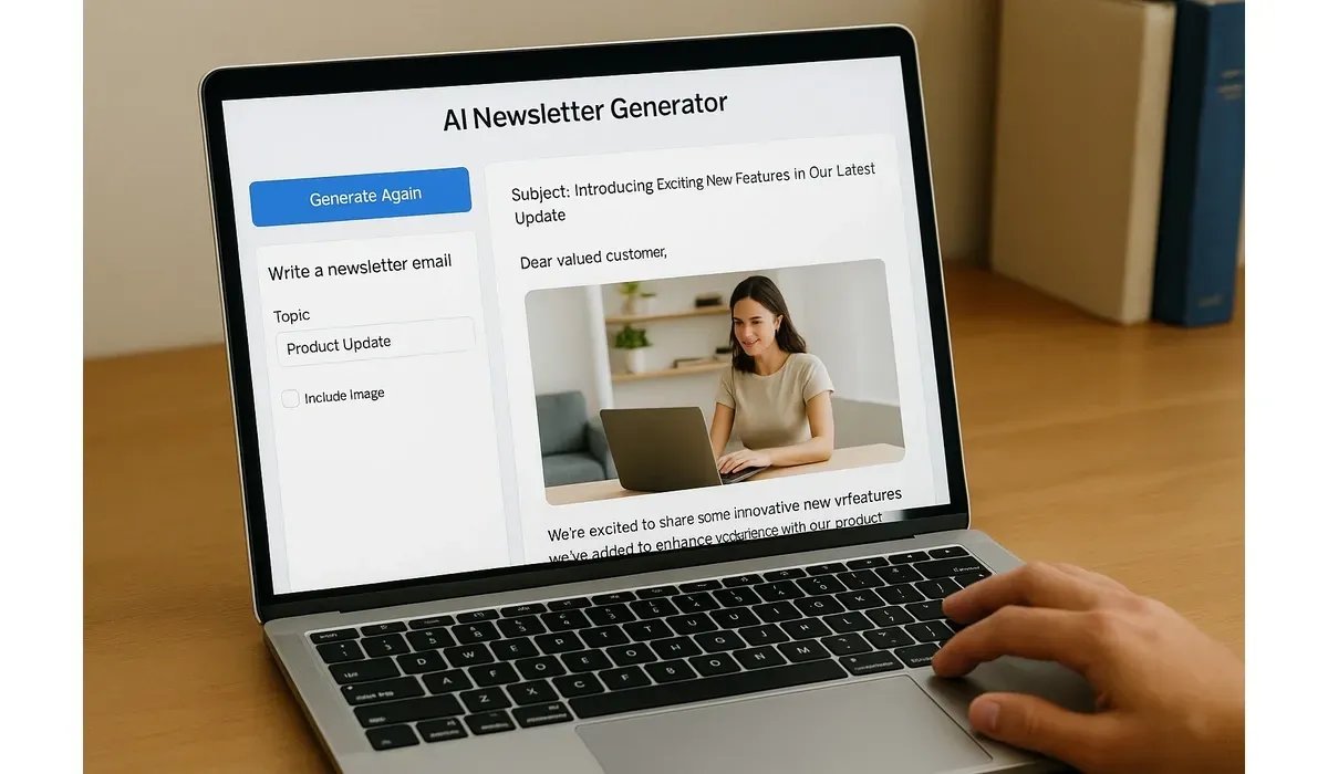 Laptop screen showing an AI tool for drafting newsletters.