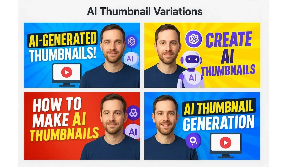 AI tools create social thumbnails variations showing different styles of auto-generated YouTube and social media thumbnails