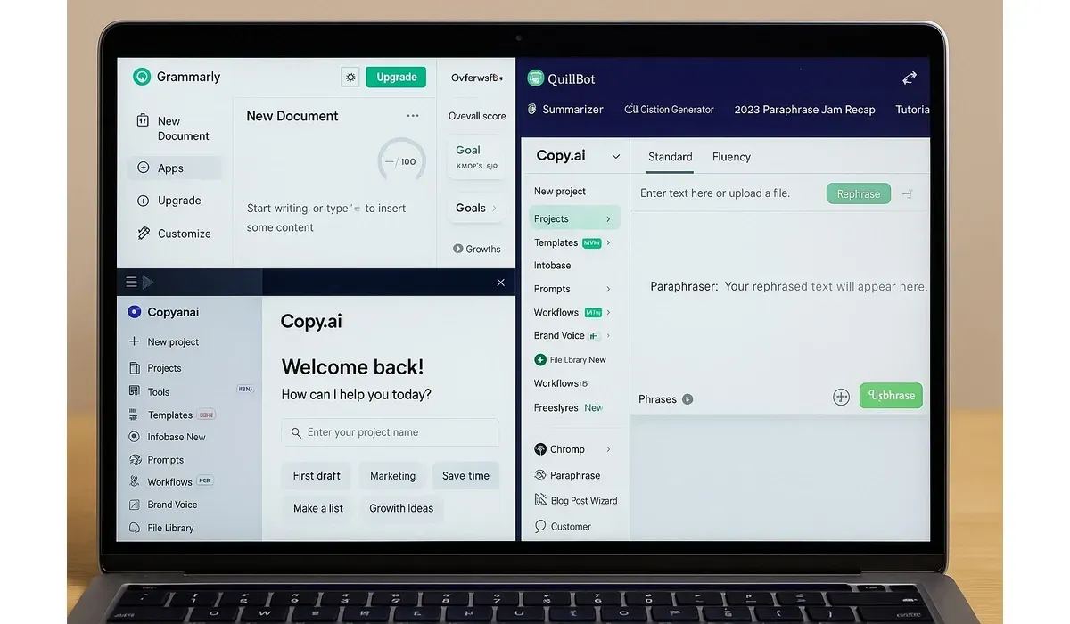 AI writing tools displayed on laptop screen for beginners.