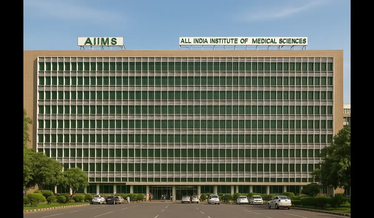 AIIMS Delhi hospital building front view.