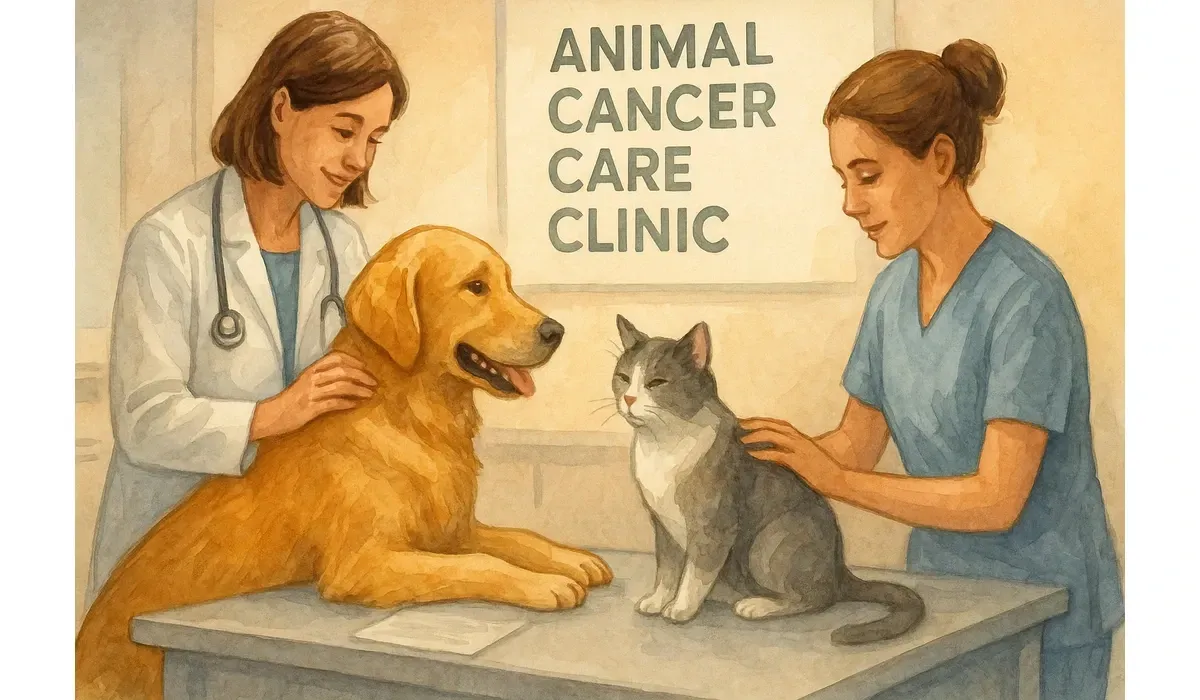Veterinarian and nurse caring for dog and cat at Animal Cancer Care Clinic, watercolor illustration.