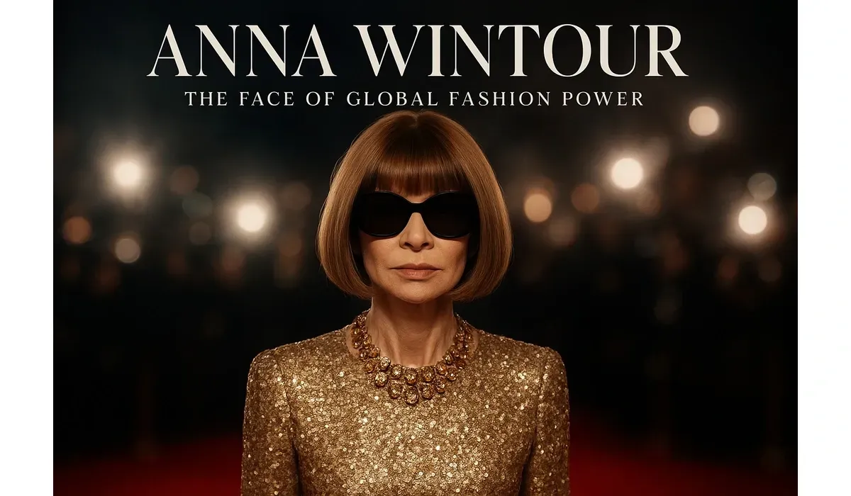 Anna Wintour wearing a gold sequin dress and statement necklace, posing with sunglasses on the red carpet.