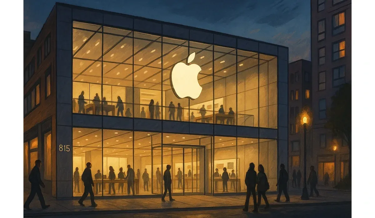 Editorial illustration of Apple Store Boston at 815 Boylston Street with glowing glass façade and customers inside.
