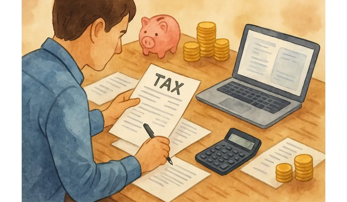 Watercolor illustration of a person calculating Save Money on Taxes with documents, calculator, laptop, and piggy bank on a d
