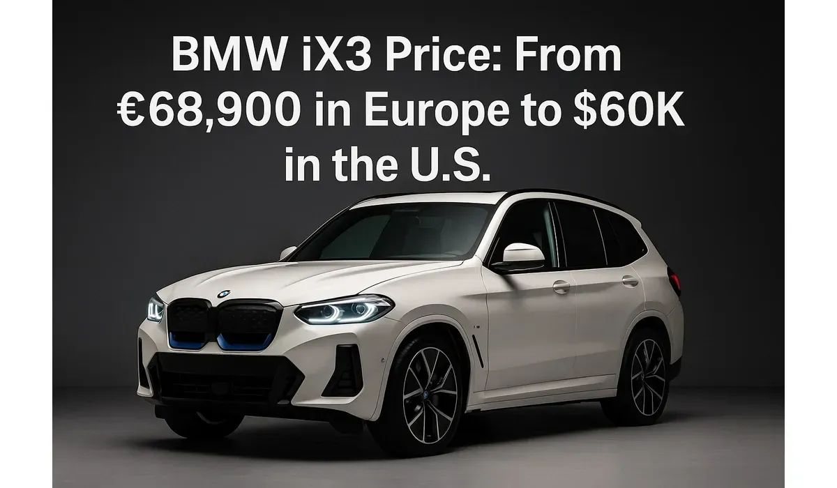 BMW iX3 studio image with pricing overlay