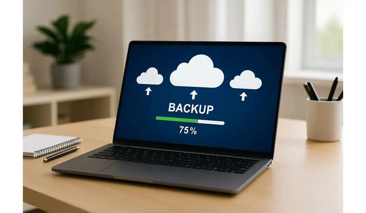 Laptop displaying top cloud storage options for secure backups progress with digital cloud icons.
