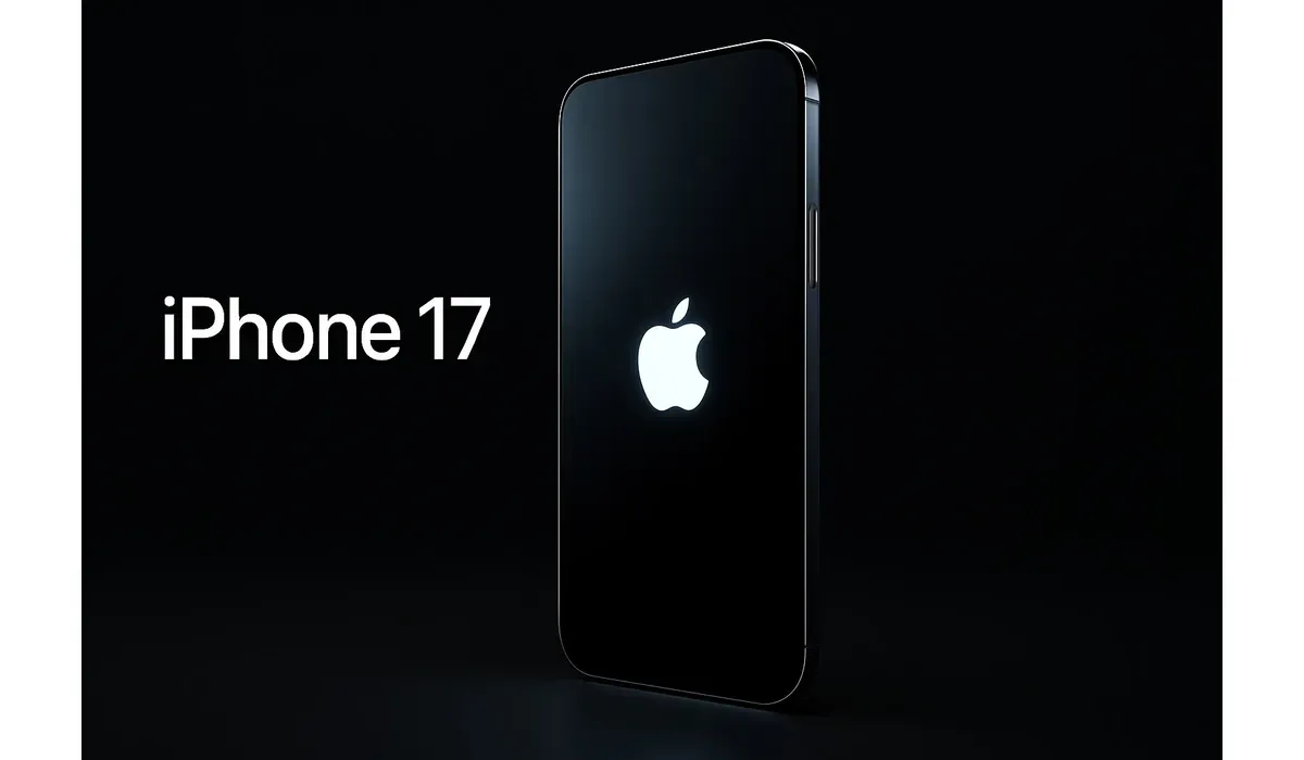 Concept image of iPhone 17 with ultra-thin design and glowing logo.