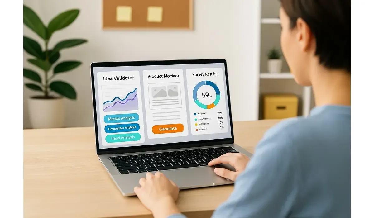 Content creator validating new ideas with AI tools on laptop