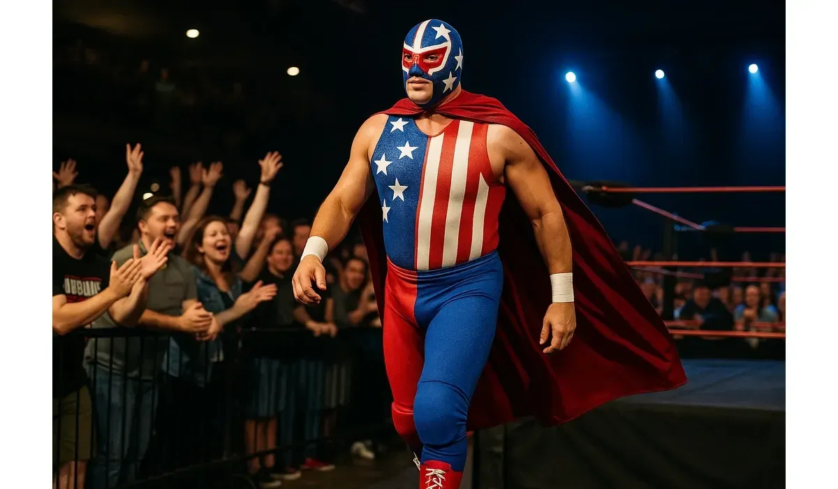 El Grande Americano wrestler making a dramatic entrance in costume.