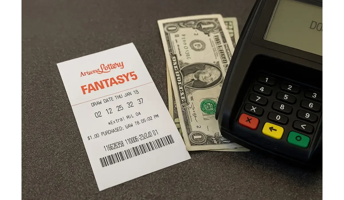 Fantasy 5 Arizona lottery ticket at retailer checkout counter.