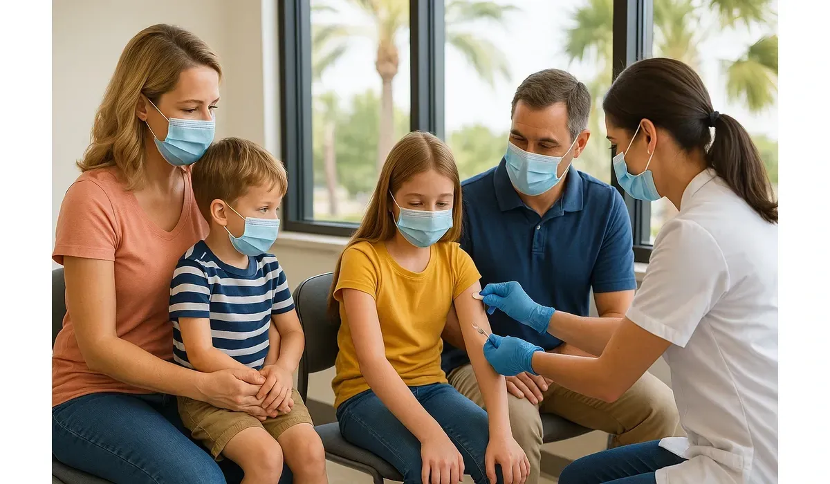 Florida family receiving Flu Vaccine Florida at a community health clinic.