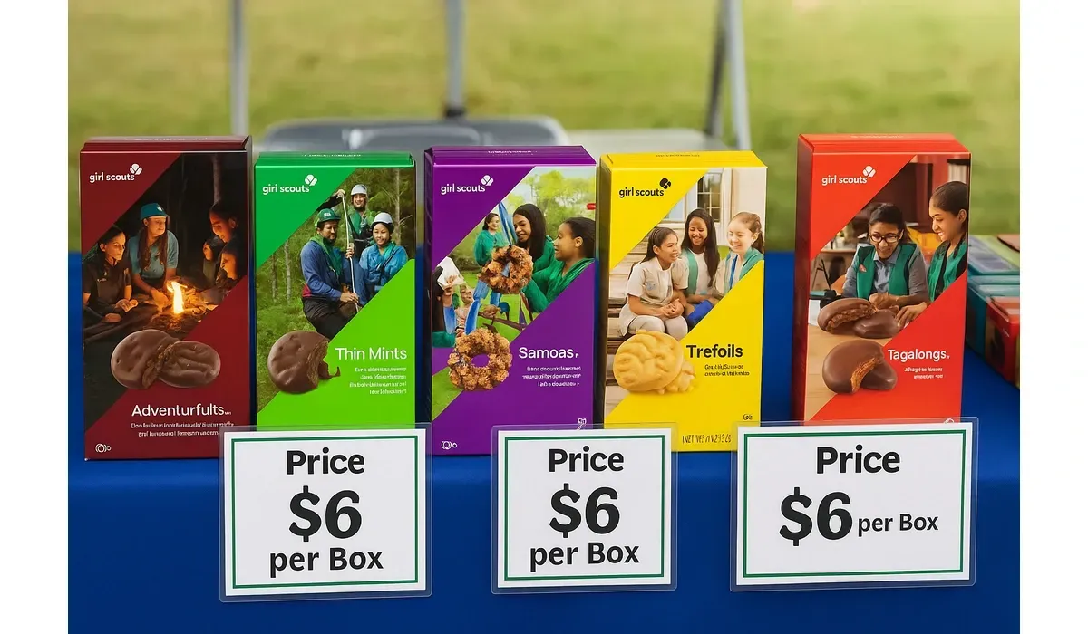 Girl Scout Cookies 2025 booth display with prices