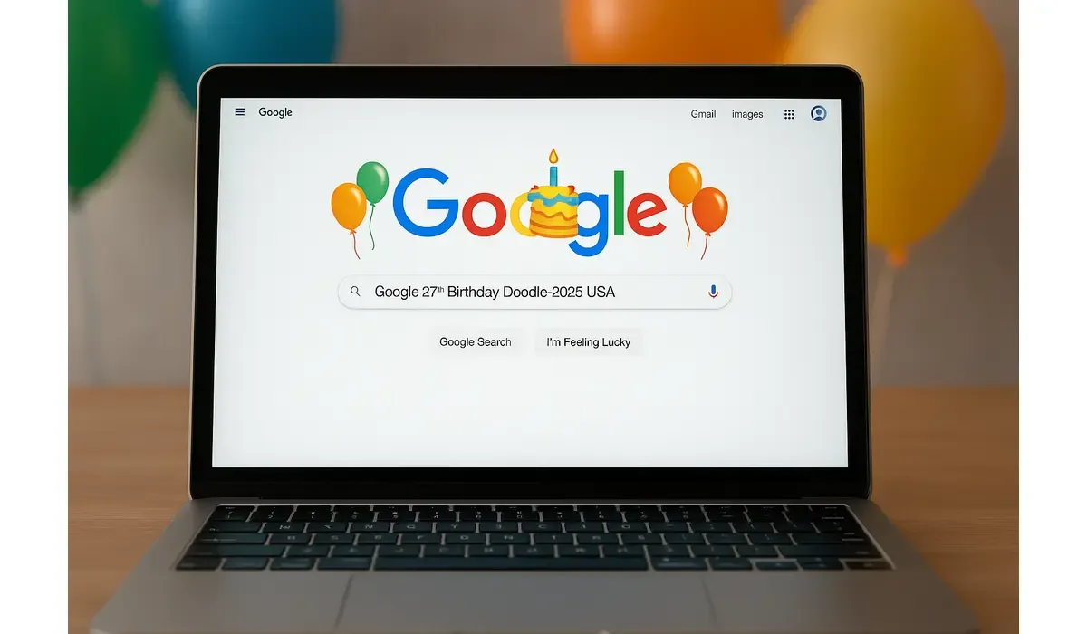 Google 27th birthday Doodle 2025 USA homepage.