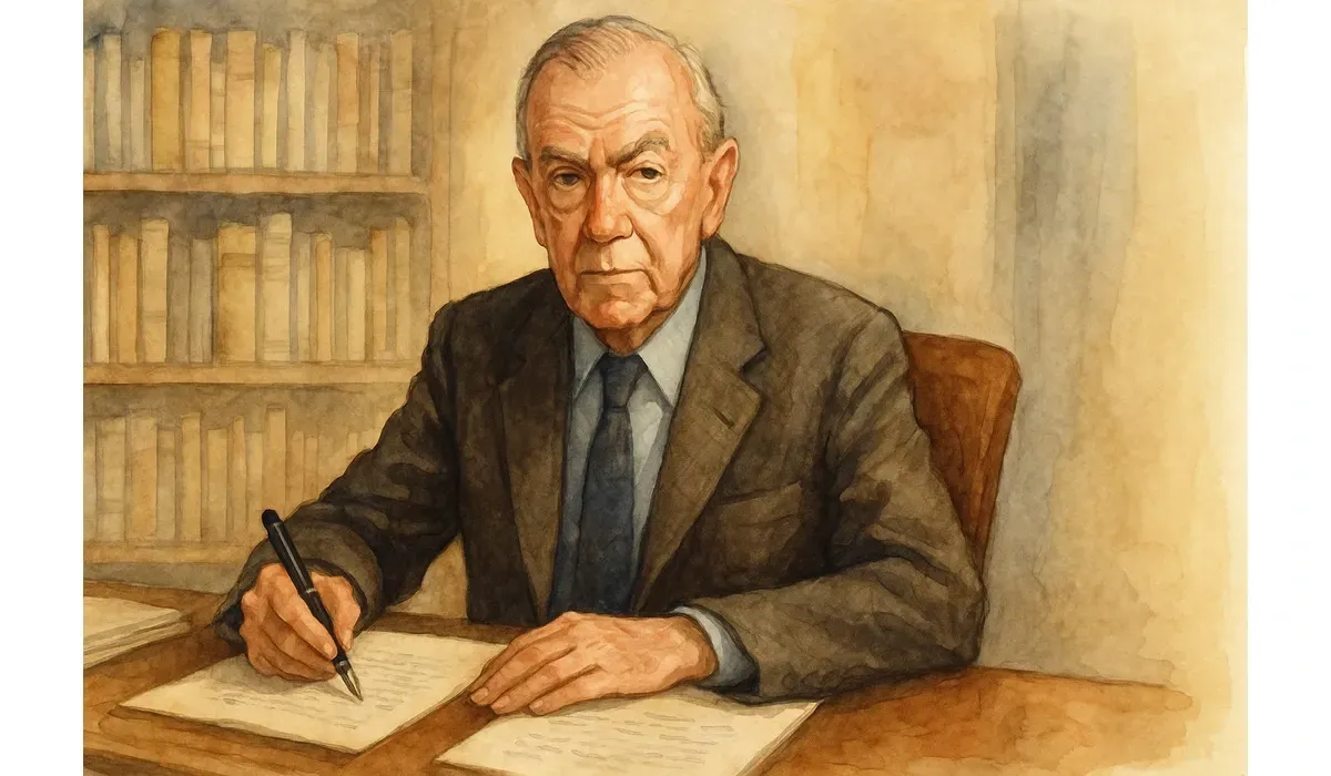 Watercolor portrait of Graham Greene at a desk with pen and papers, symbolizing his literary legacy.