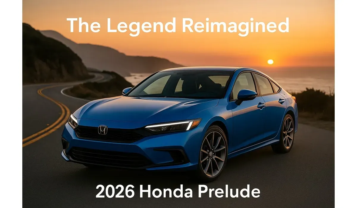 2026 Honda Prelude hybrid coupe parked on scenic winding road at sunset.