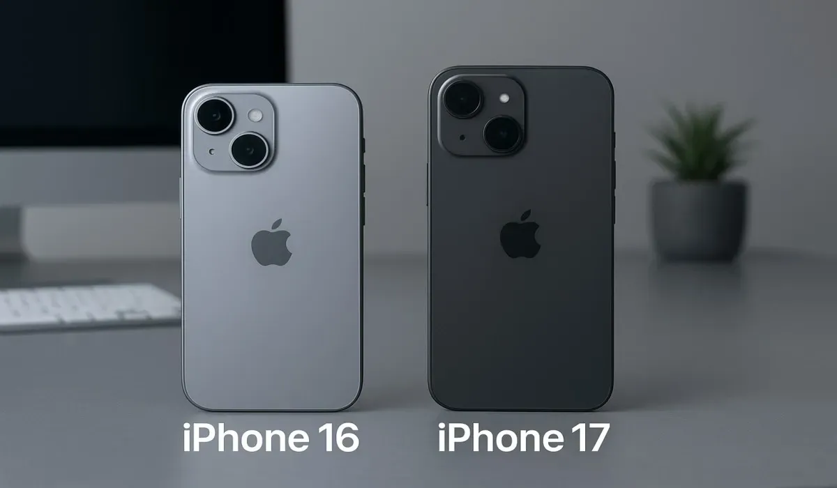 iPhone 17 vs 16 side-by-side design comparison on a modern desk setup