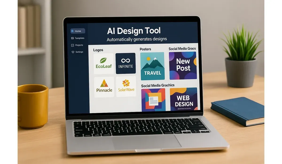 AI design tool generating logos and graphics on a laptop screen.