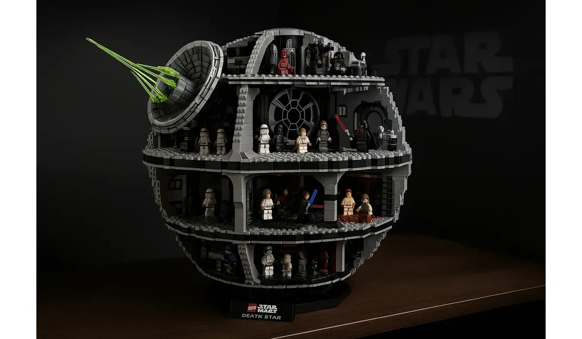 Lego Death Star 2025 UCS diorama build displayed under dramatic light.