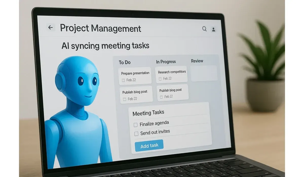 Laptop showing AI tool turning meeting notes into action items automatically