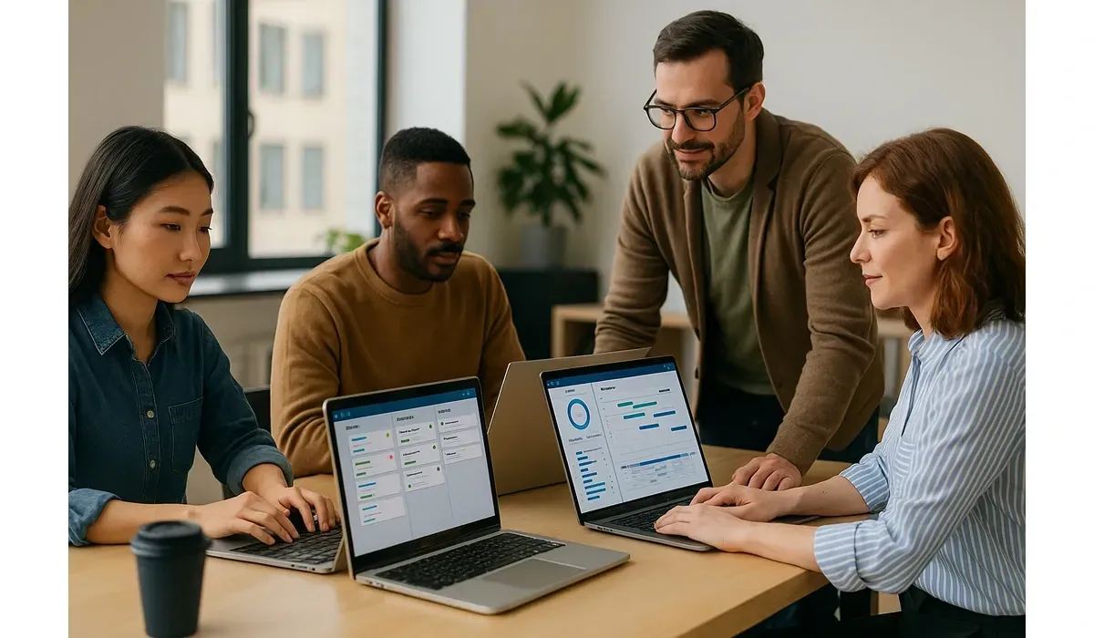 Team collaborating using best project management apps in a modern workspace.