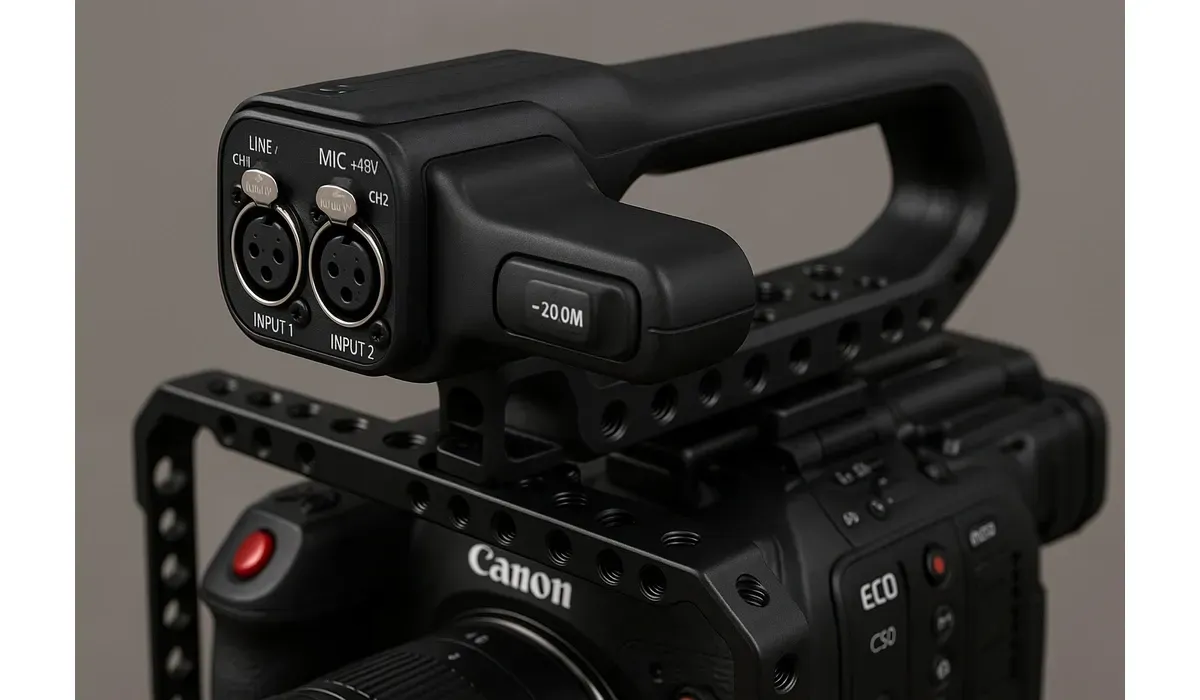 Canon C50 review camera front view.