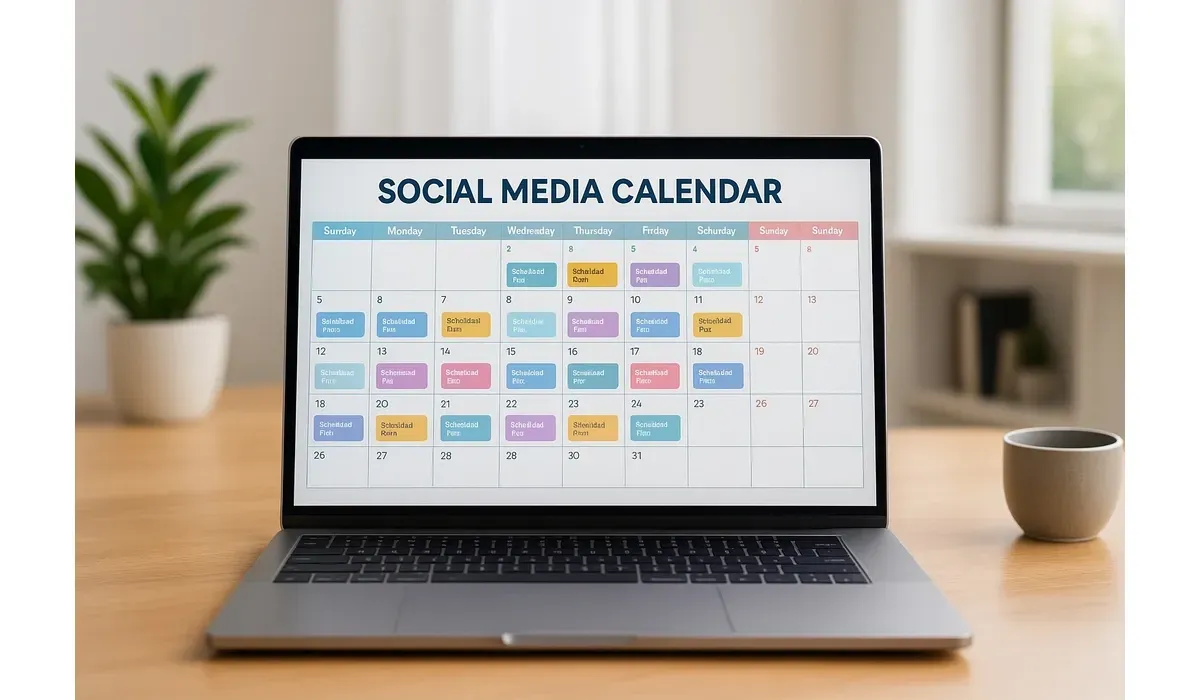 Laptop displaying an auto-generated social media content calendar.