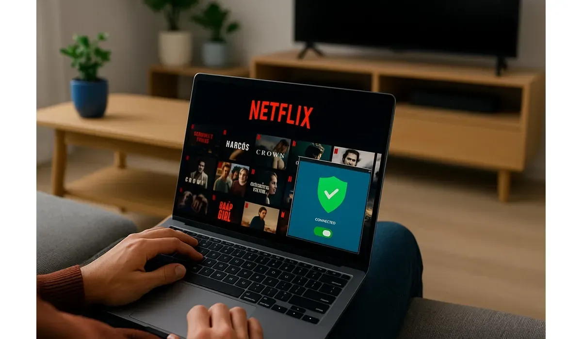 Laptop showing Netflix best VPN for streaming services connected in a modern living room.
